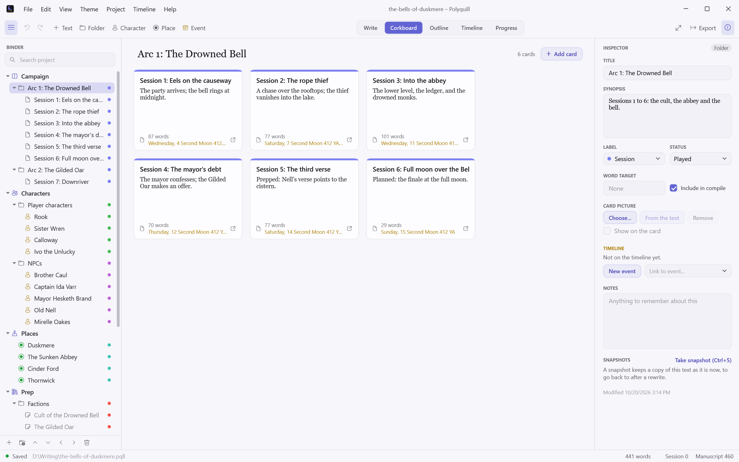 The demo campaign's first arc on the corkboard: six sessions as cards, each with its in-world date.