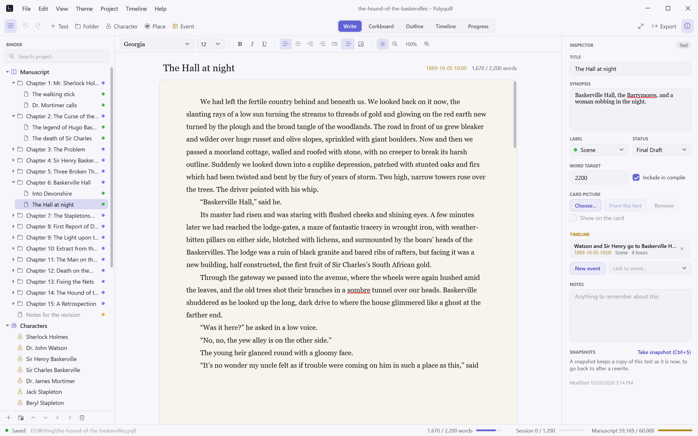 Polyquill writing a scene of The Hound of the Baskervilles: the binder of chapters and scenes on the left, the text in the middle, and the inspector on the right with the scene's synopsis, label, status, word target and its event on the timeline.